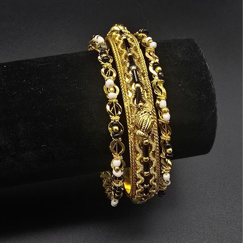 Gold Tone Black White Bangle Bracelet Set of Three Bollywood Made in India